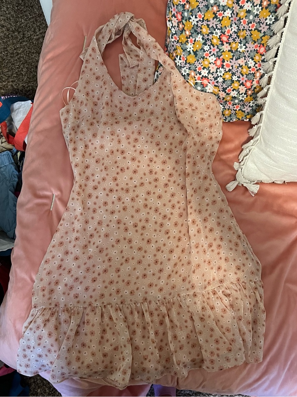 Altar'd State Blush Pink Floral Halter Ruffle Mini Dress